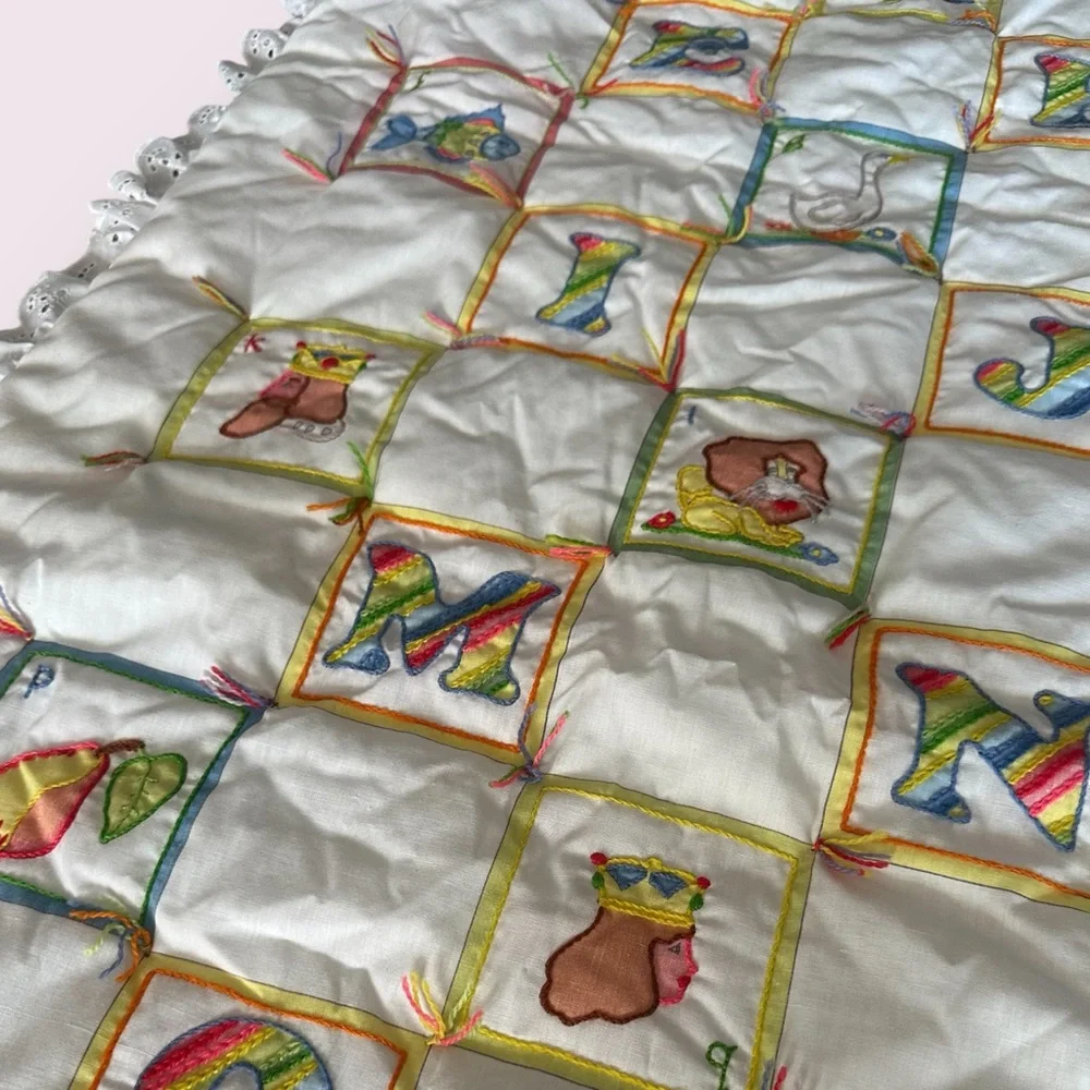 Vintage Handmade ABC Baby Blanket Top Embroidered Wall Hanging Ruffle Hem Decor